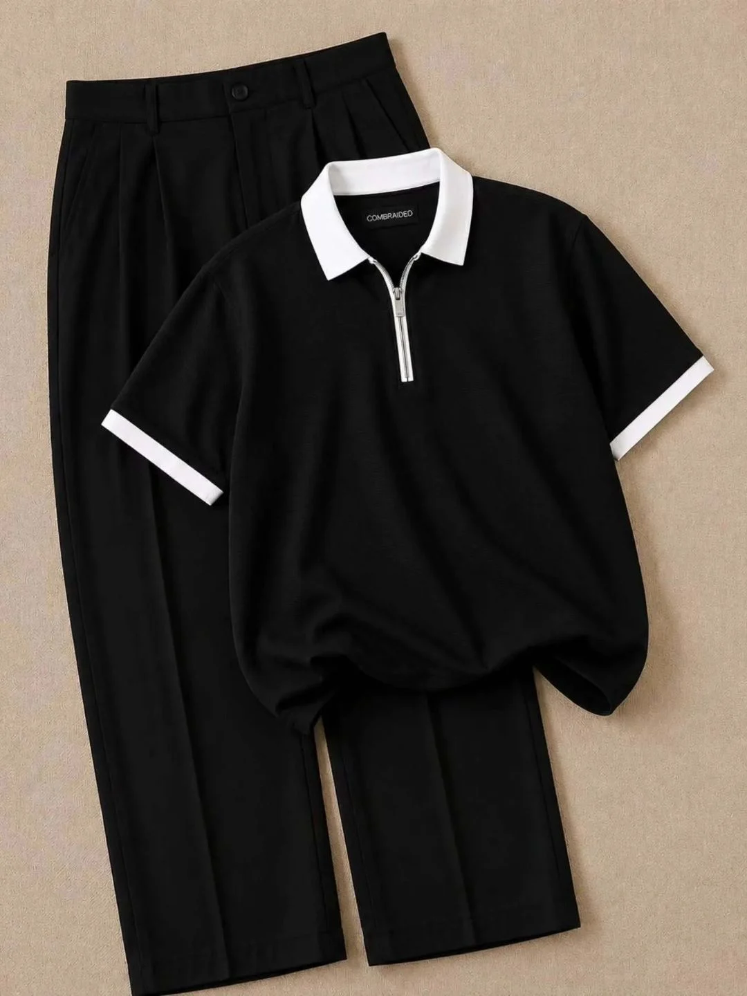 Men Brown Knit Half-Zip Polo Shirt with White Trim and Black Pleated Trousers Combo - Image 4