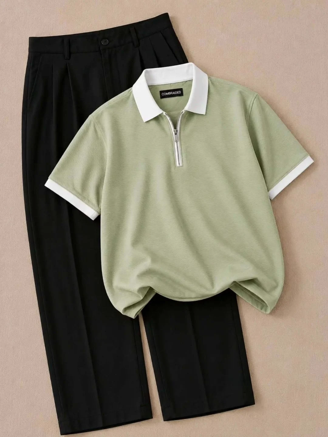 Men Brown Knit Half-Zip Polo Shirt with White Trim and Black Pleated Trousers Combo - Image 3
