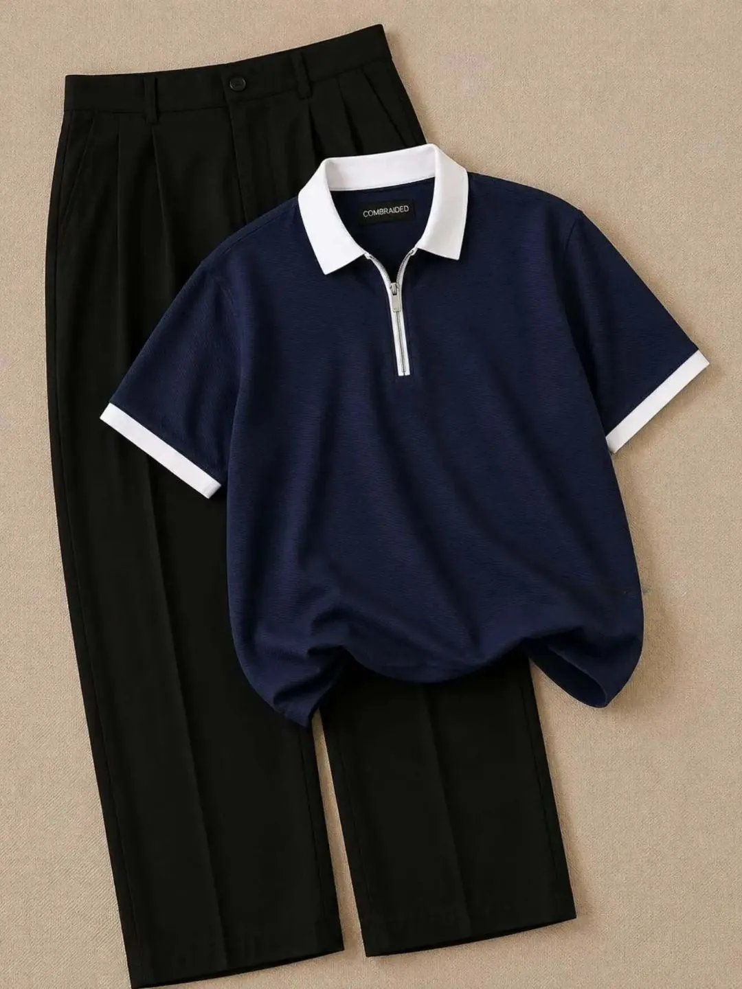 Men Brown Knit Half-Zip Polo Shirt with White Trim and Black Pleated Trousers Combo - Image 2