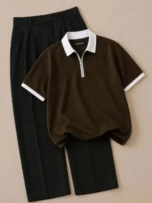 Men Brown Knit Half-Zip Polo Shirt with White Trim and Black Pleated Trousers Combo