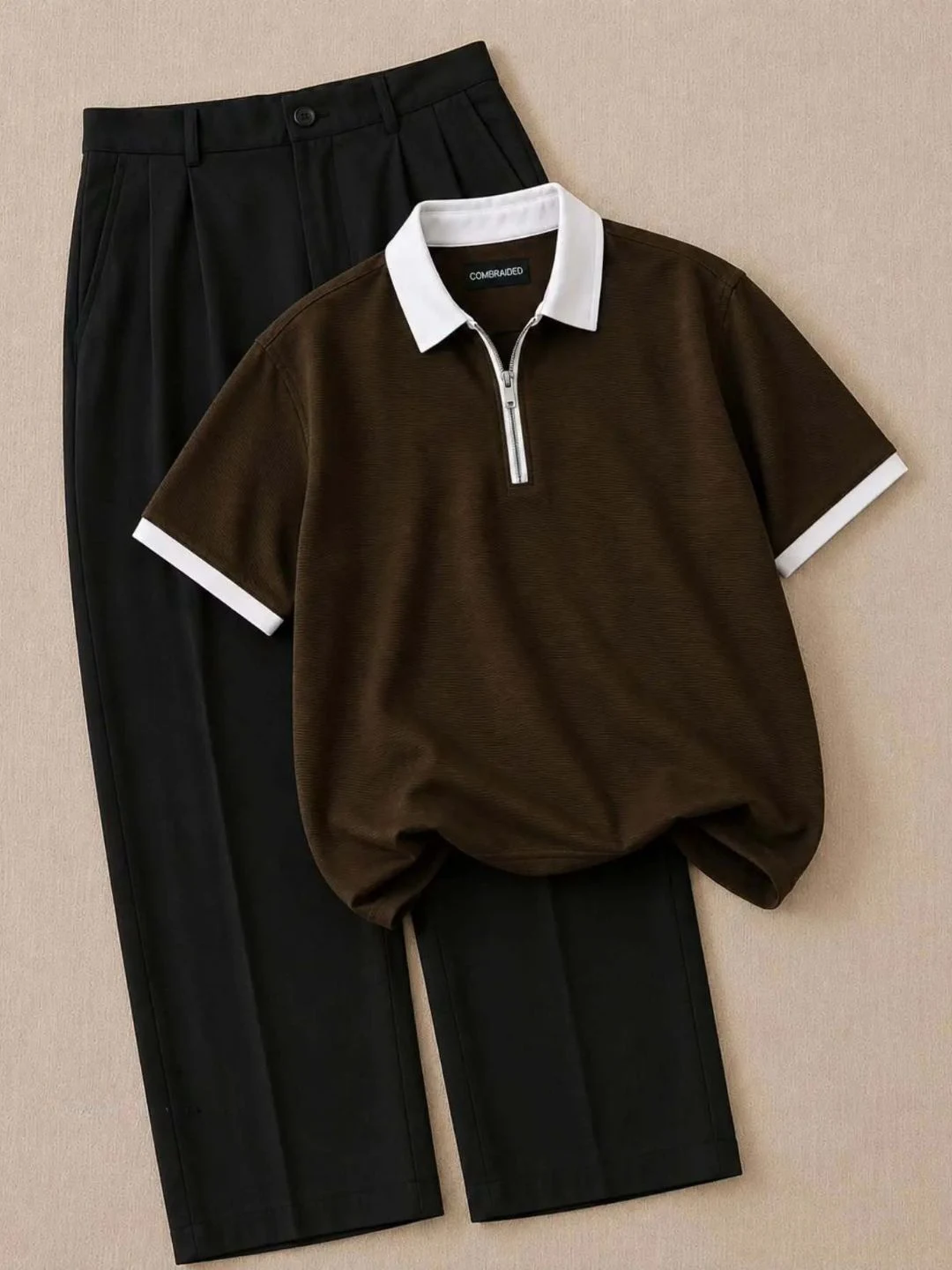 Men Brown Knit Half-Zip Polo Shirt with White Trim and Black Pleated Trousers Combo