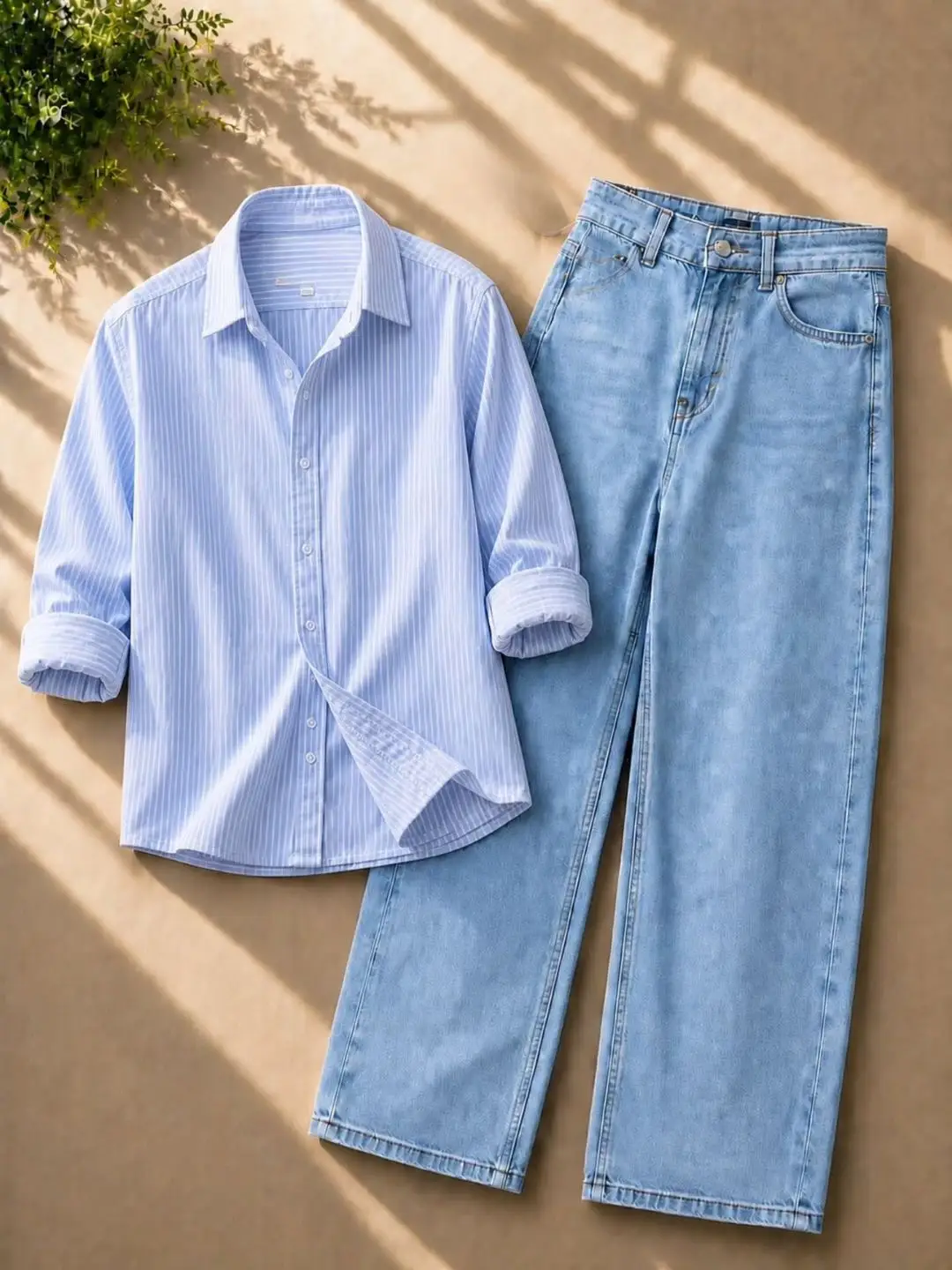 Striped Beige Button-Down Shirt & Light Blue Denim Jeans Combo - Image 4