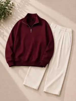Maroon Quarter-Zip Sweatshirt & Off-White Trousers Outfit