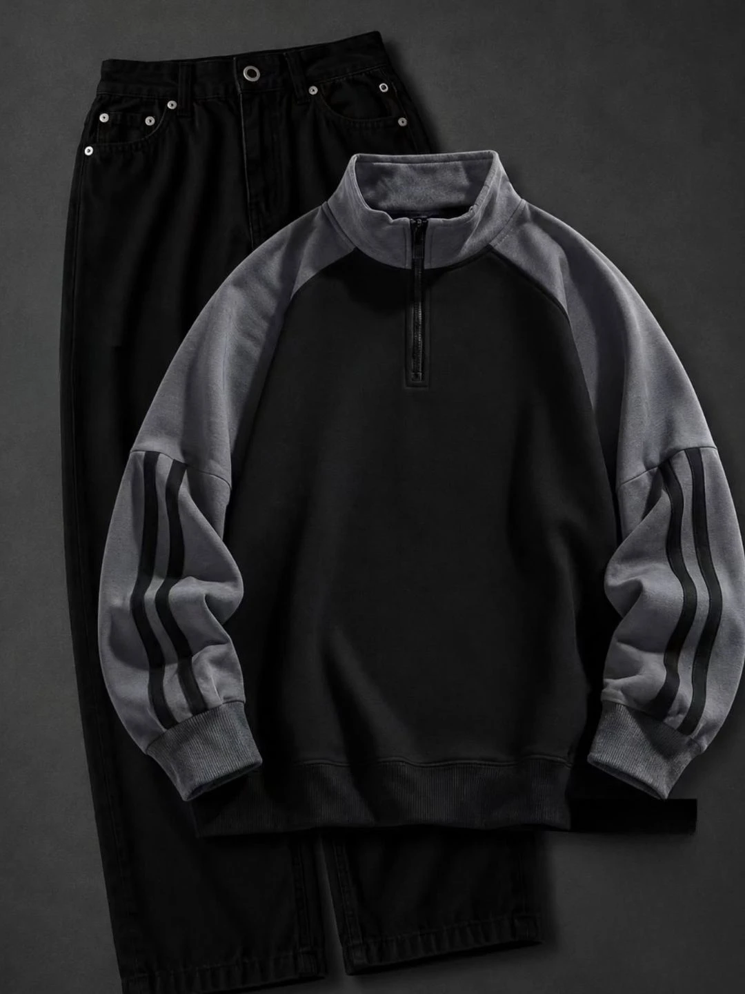 Quarter-Zip Colorblock Sweatshirt & Black Denim Pants Set - Image 4