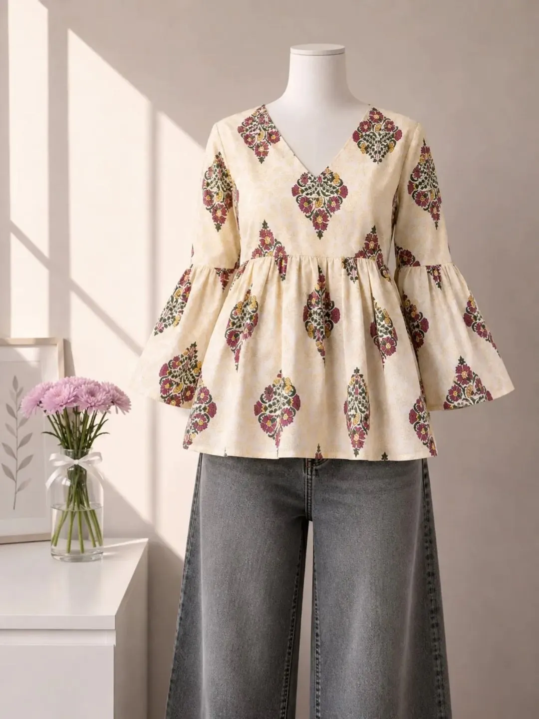 Floral Print Pink Peplum Top - Image 2