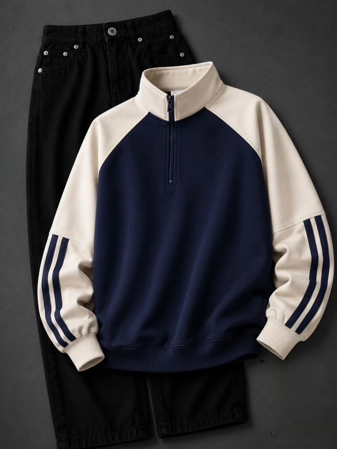 Quarter-Zip Colorblock Sweatshirt & Black Denim Pants Set