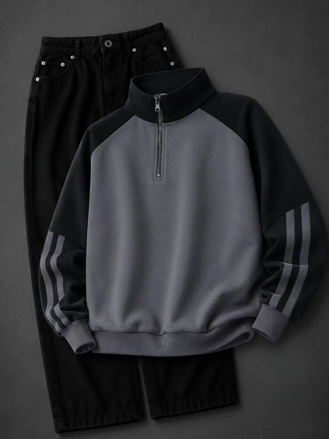 Quarter-Zip Colorblock Sweatshirt & Black Denim Pants Set - Image 2