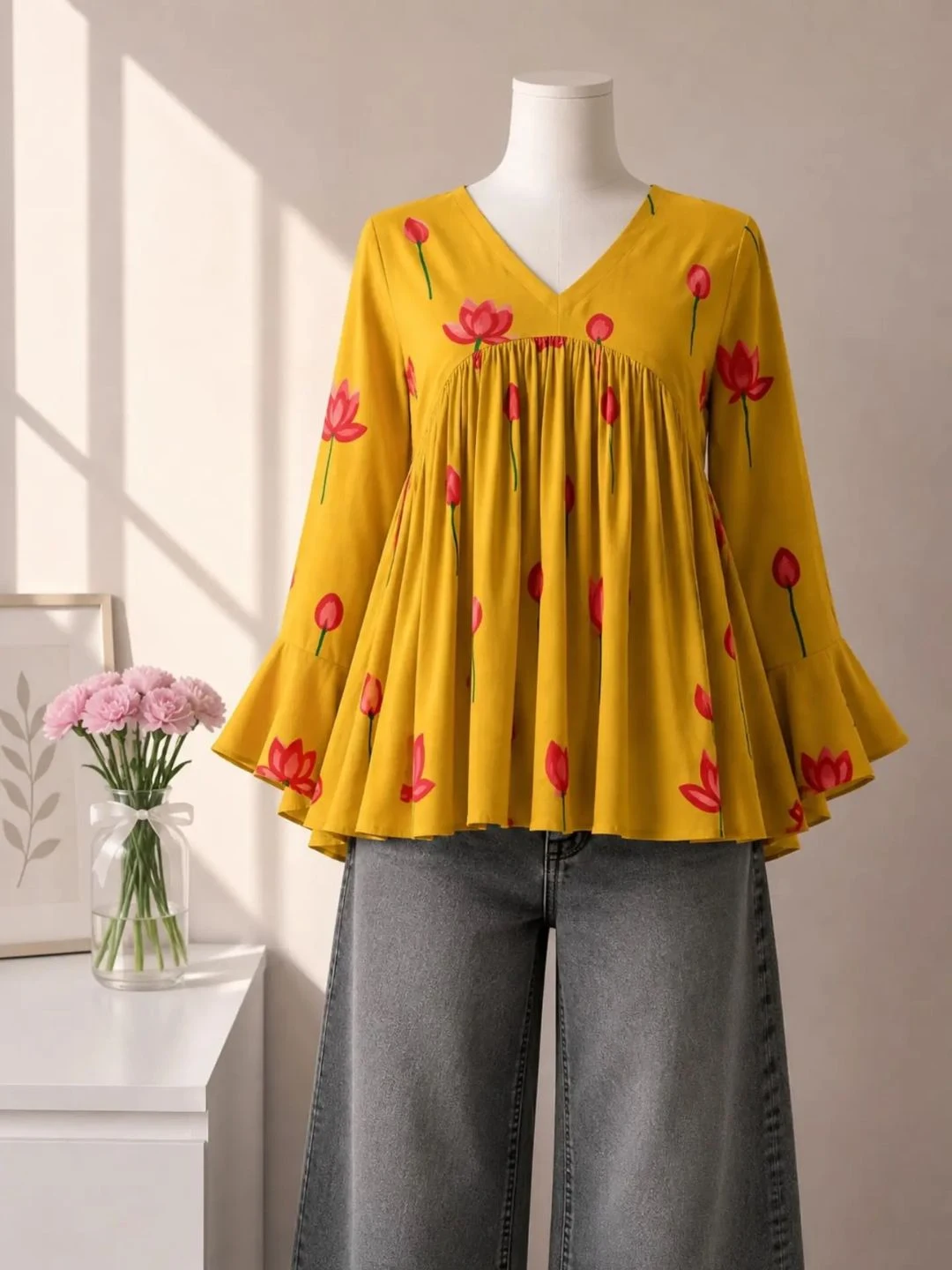 Floral Print Pink Peplum Top - Image 3