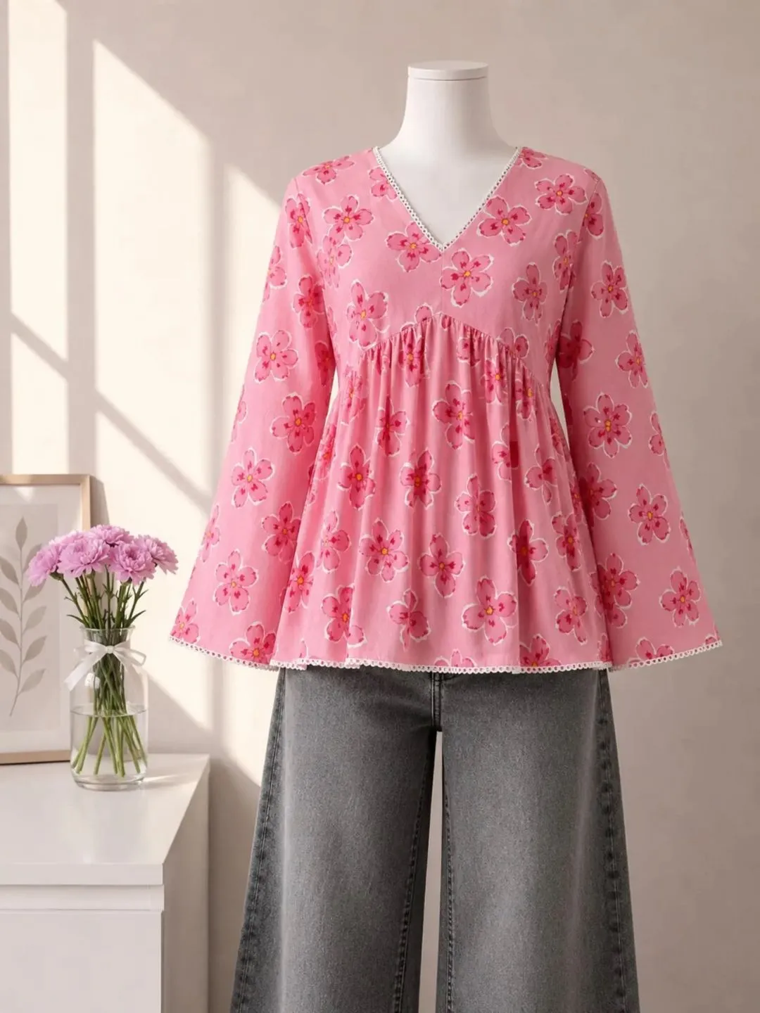 Floral Print Pink Peplum Top - Image 4
