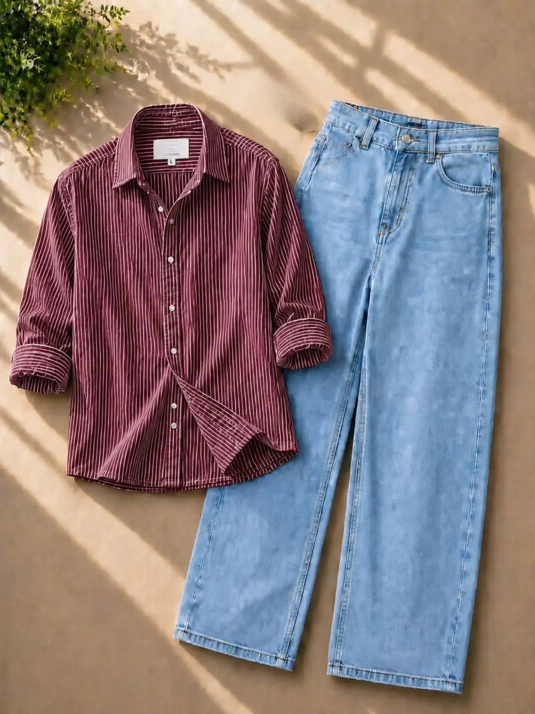 Striped Beige Button-Down Shirt & Light Blue Denim Jeans Combo - Image 2