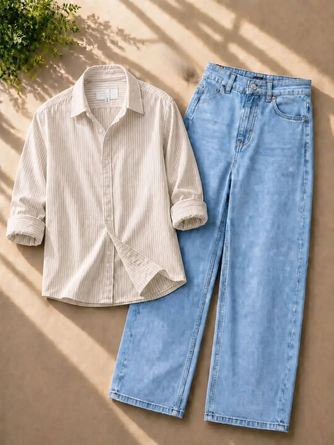 Striped Beige Button-Down Shirt & Light Blue Denim Jeans Combo