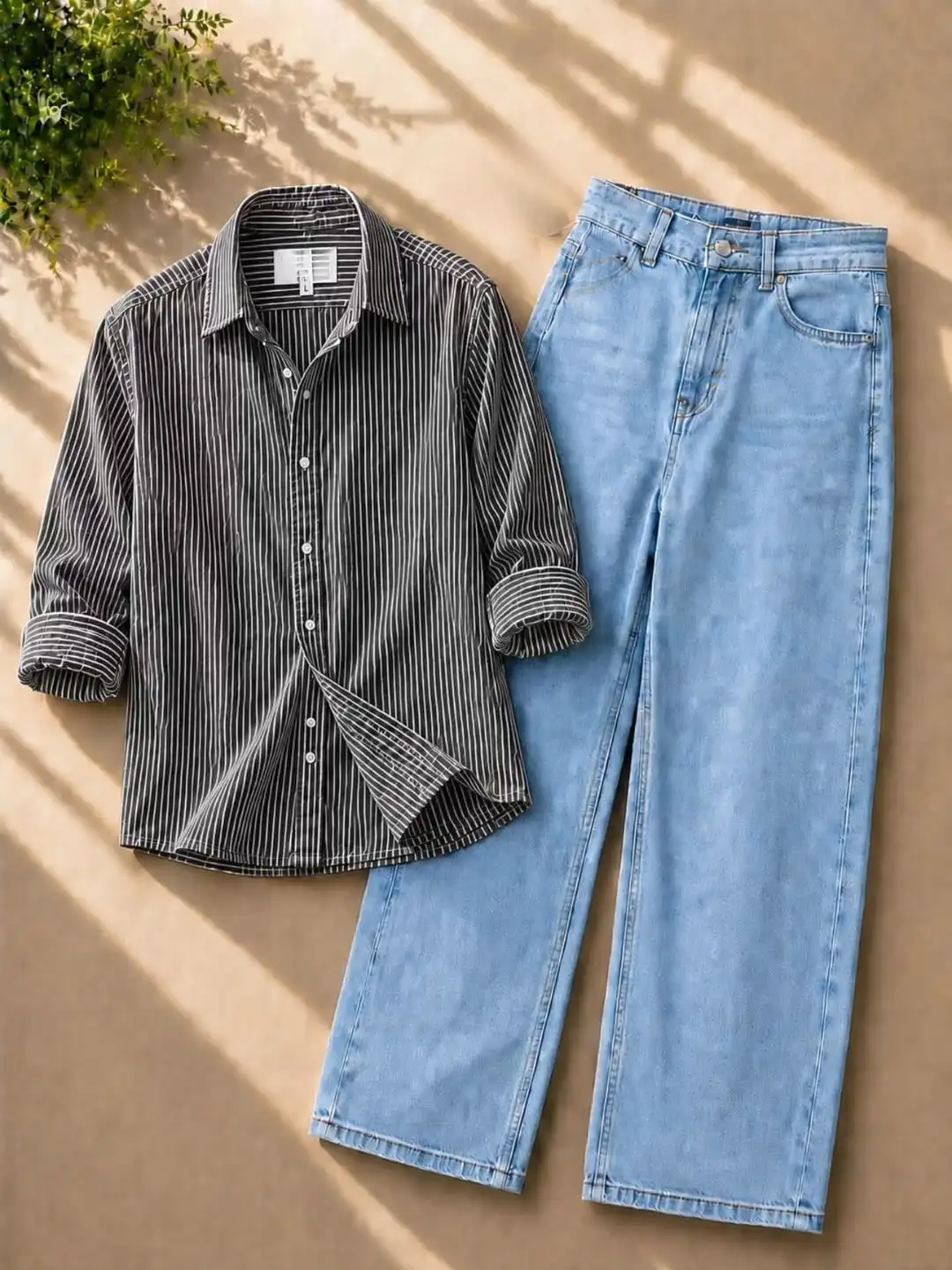 Striped Beige Button-Down Shirt & Light Blue Denim Jeans Combo - Image 5