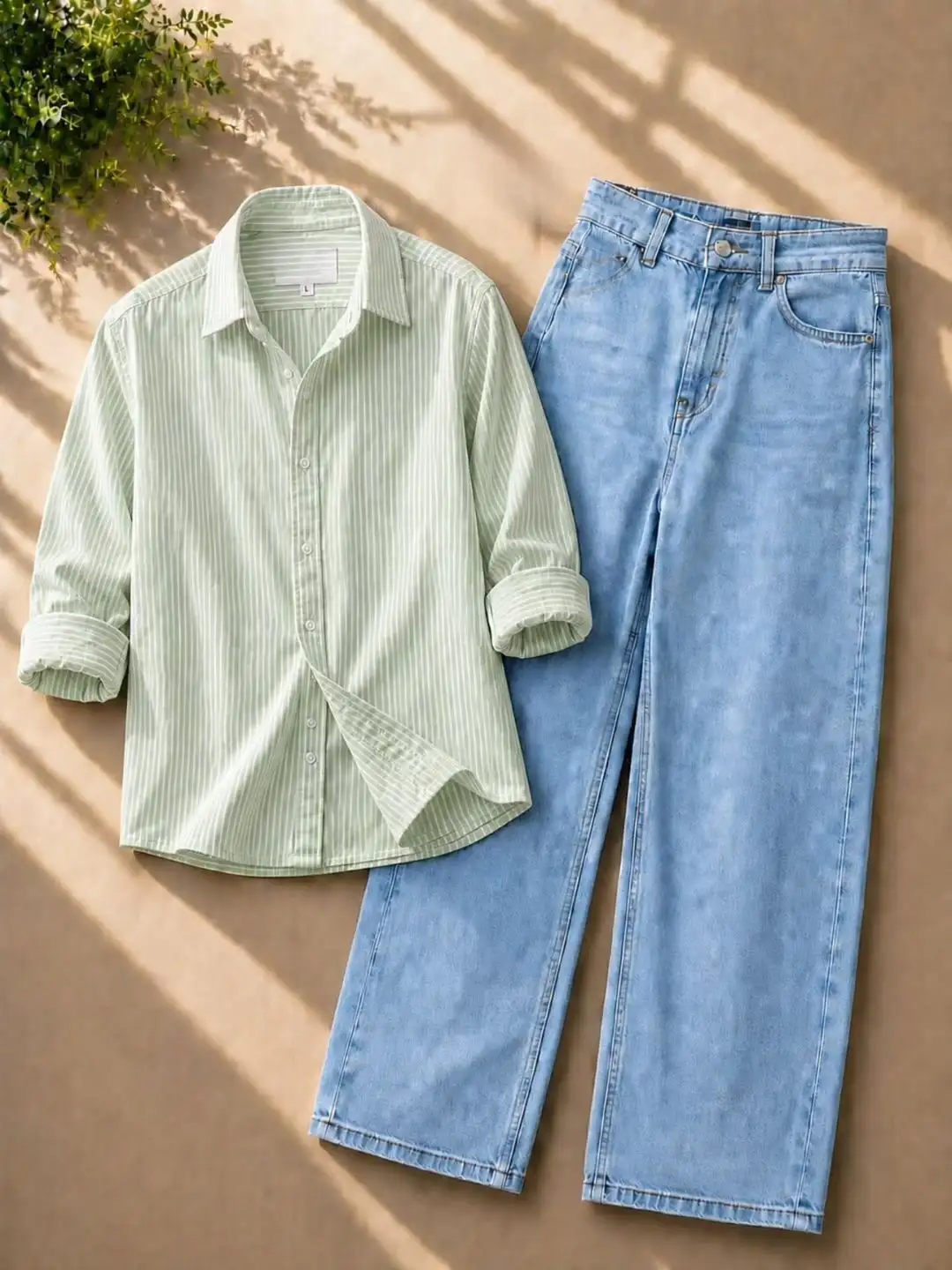Striped Beige Button-Down Shirt & Light Blue Denim Jeans Combo - Image 3