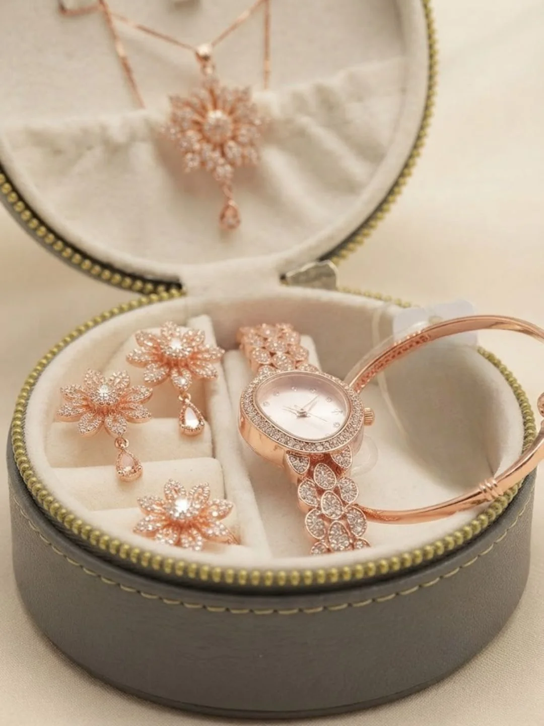 Grey Velvet Round Travel Jewelry Box and Rose Gold Floral Crystal Set - Image 2