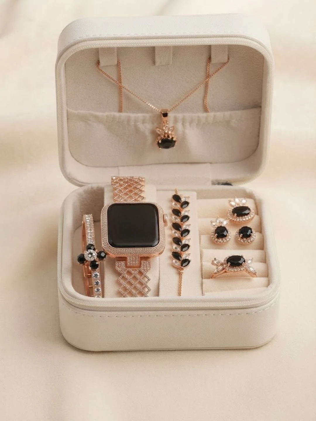 Women Rose Gold Touch Watch and Jewelry Gift Box Set