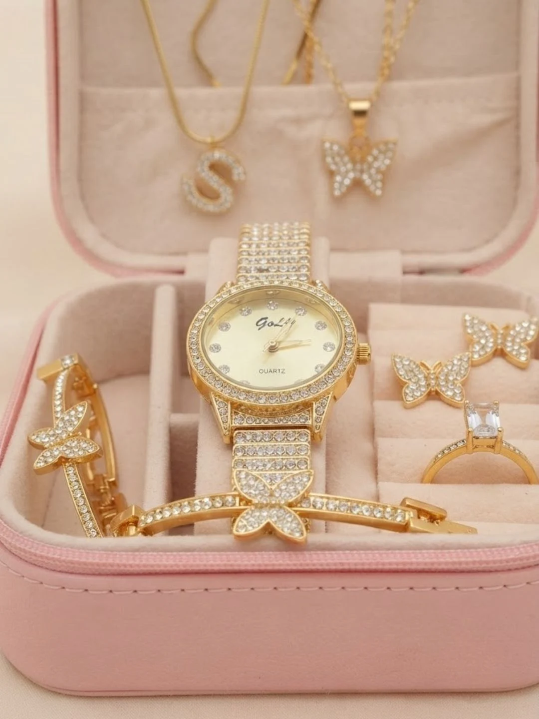 Pink Velvet Travel Jewelry Box and Butterfly Gold Crystal Set - Image 2