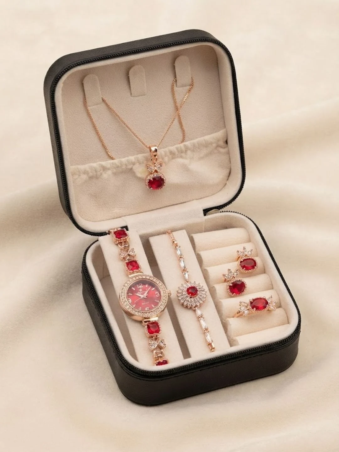 Black and Rose Gold Velvet Travel Jewelry Box and Red Crystal Set