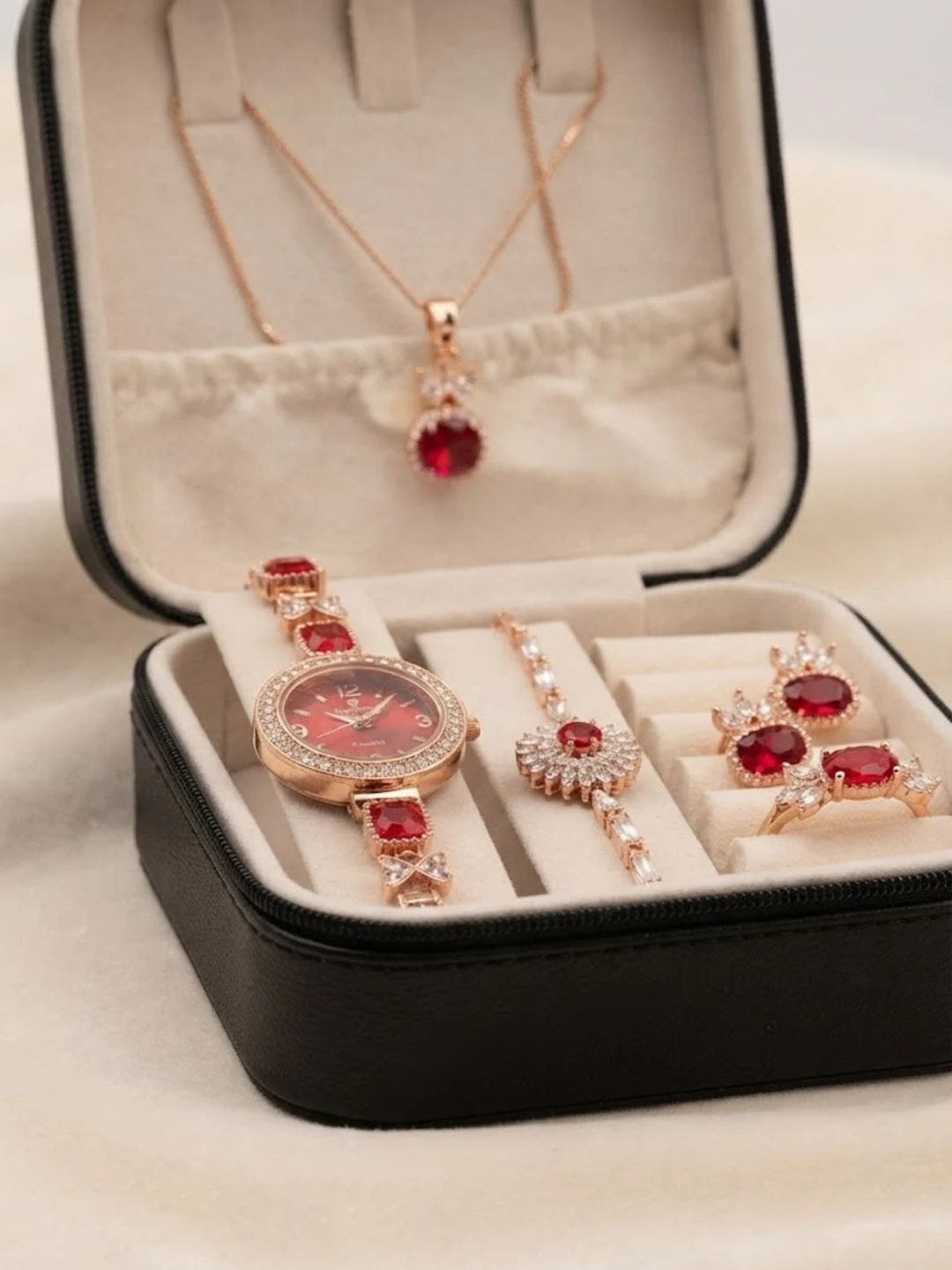 Black and Rose Gold Velvet Travel Jewelry Box and Red Crystal Set - Image 2