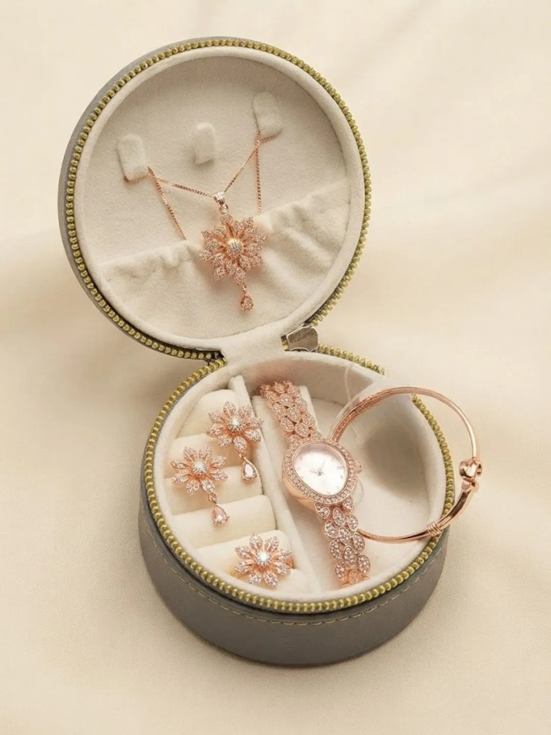 Grey Velvet Round Travel Jewelry Box and Rose Gold Floral Crystal Set