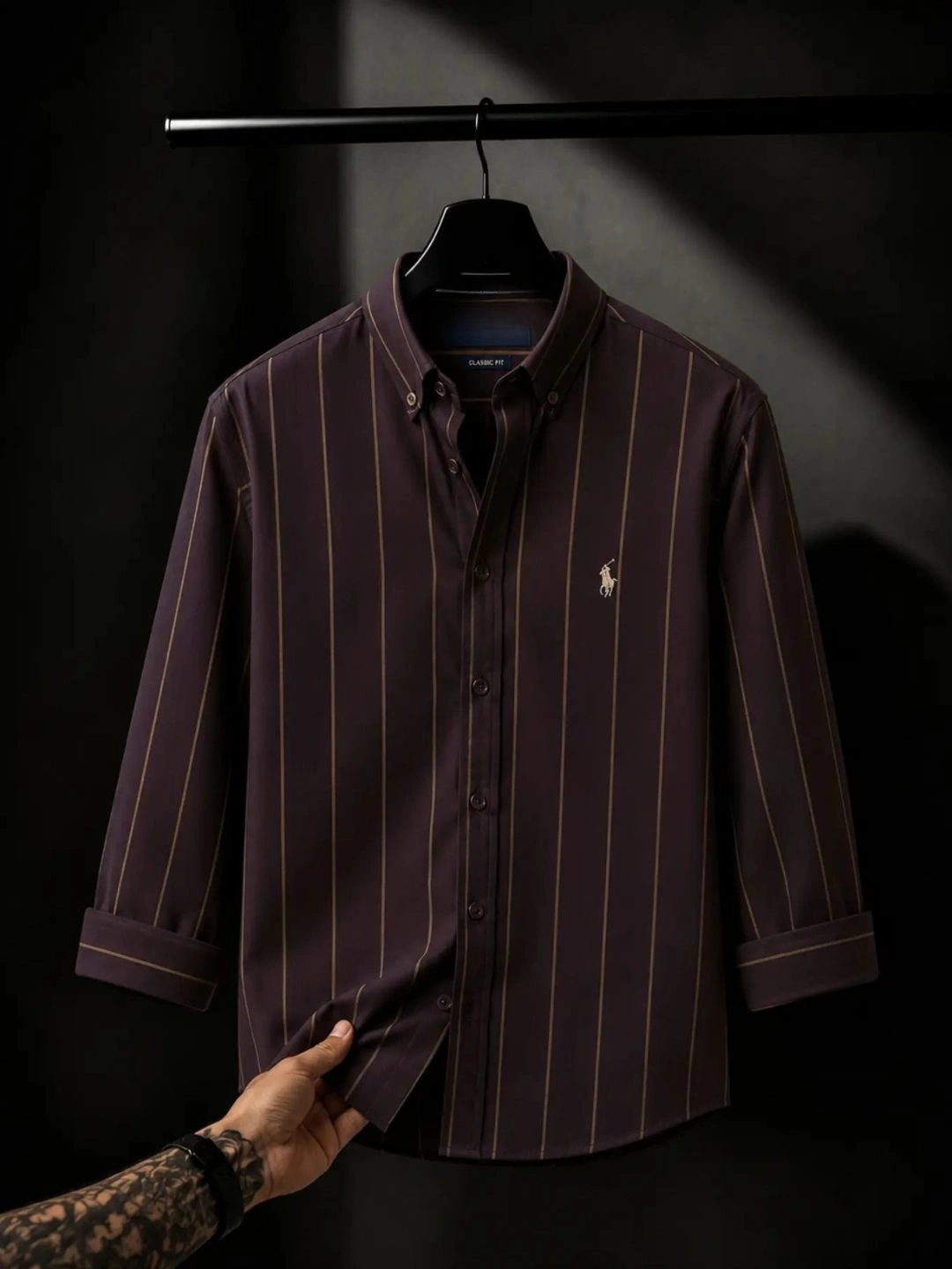 Classic Burgundy Striped Button-Down Long-Sleeve Shirt