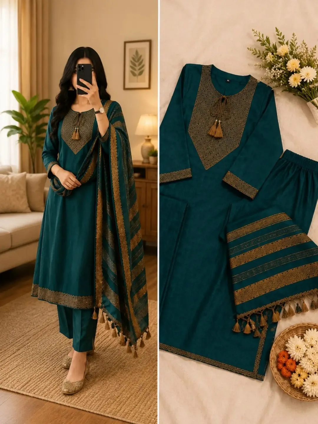Royal Purple Embroidered Kurta, Palazzos & Dupatta Set - Image 2