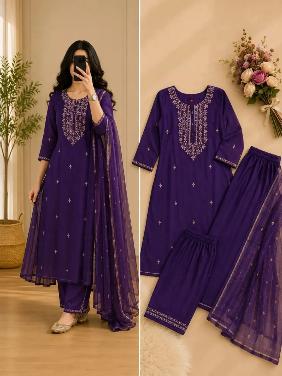 Royal Purple Embroidered Kurta, Palazzos & Dupatta Set