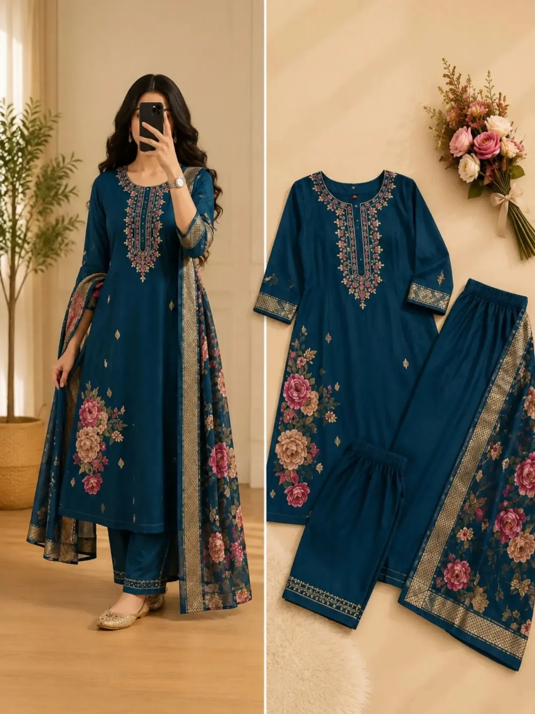 Royal Purple Embroidered Kurta, Palazzos & Dupatta Set - Image 4