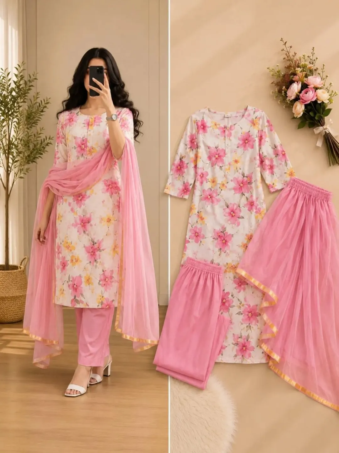 Royal Purple Embroidered Kurta, Palazzos & Dupatta Set - Image 3