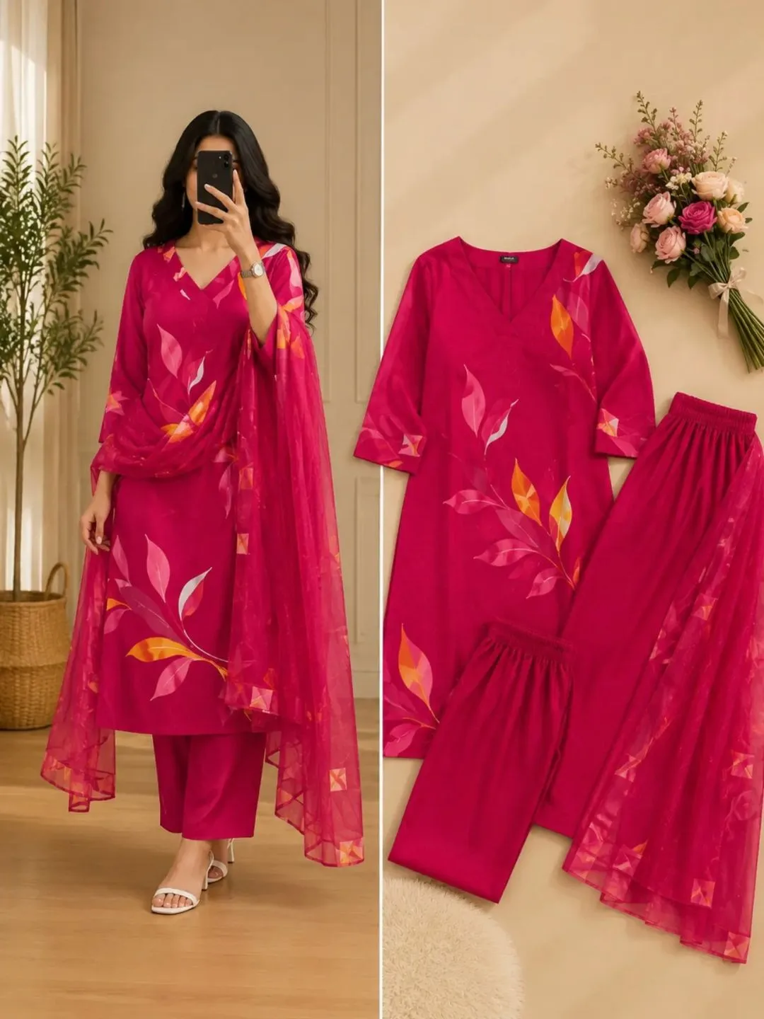 Royal Purple Embroidered Kurta, Palazzos & Dupatta Set - Image 5