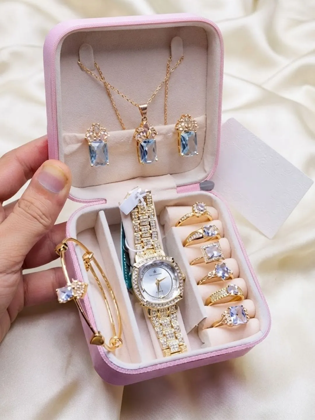 Pink Velvet Travel Jewelry Box and Gold Blue-Crystal Set - Image 2