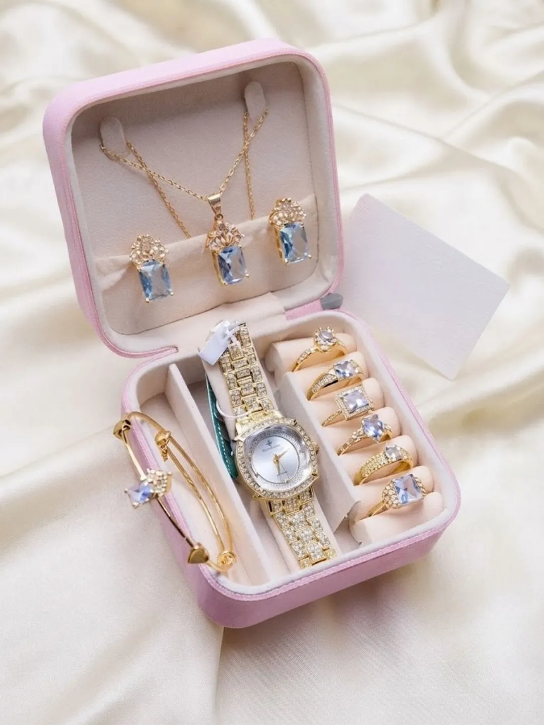 Pink Velvet Travel Jewelry Box and Gold Blue-Crystal Set