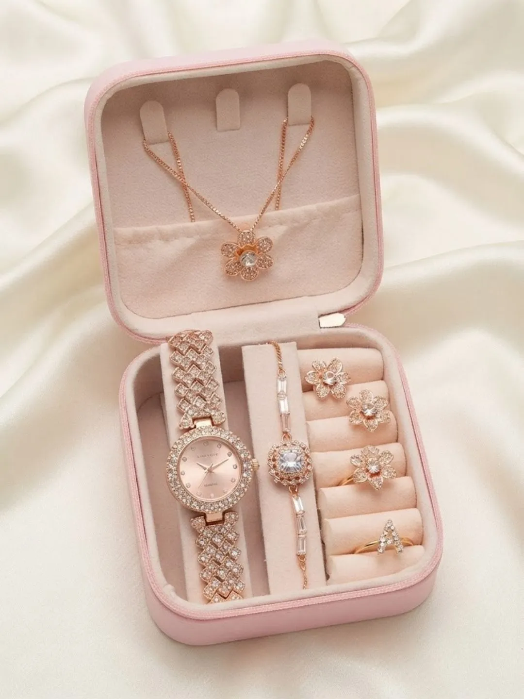 Pink Velvet Travel Jewelry Box and Rose Gold Floral Crystal Set