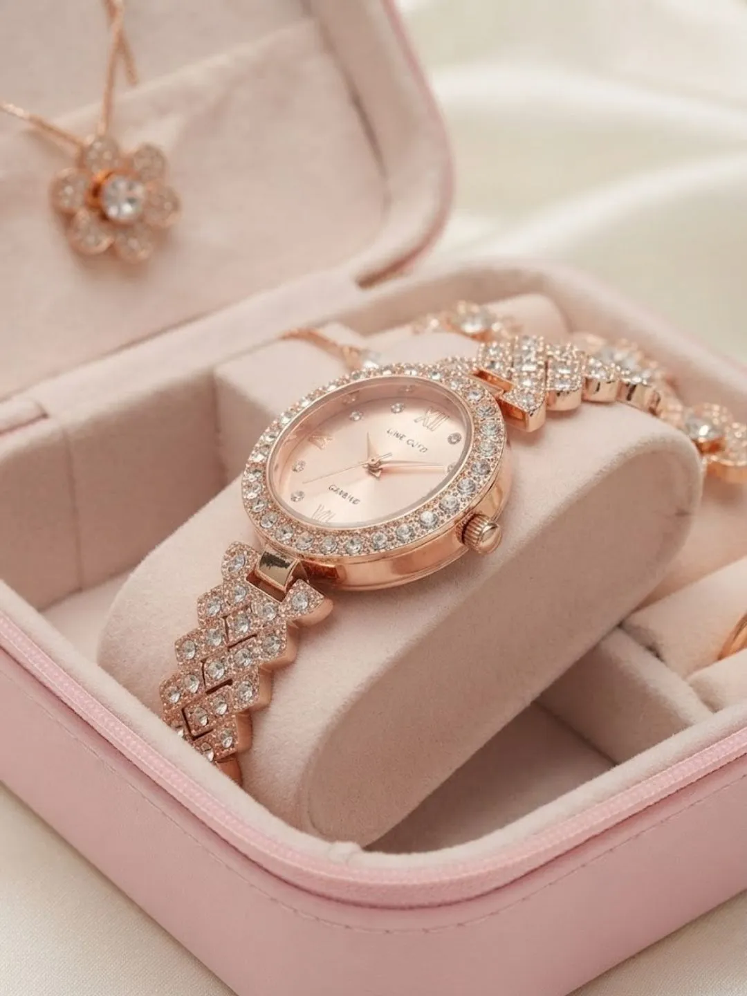 Pink Velvet Travel Jewelry Box and Rose Gold Floral Crystal Set - Image 2