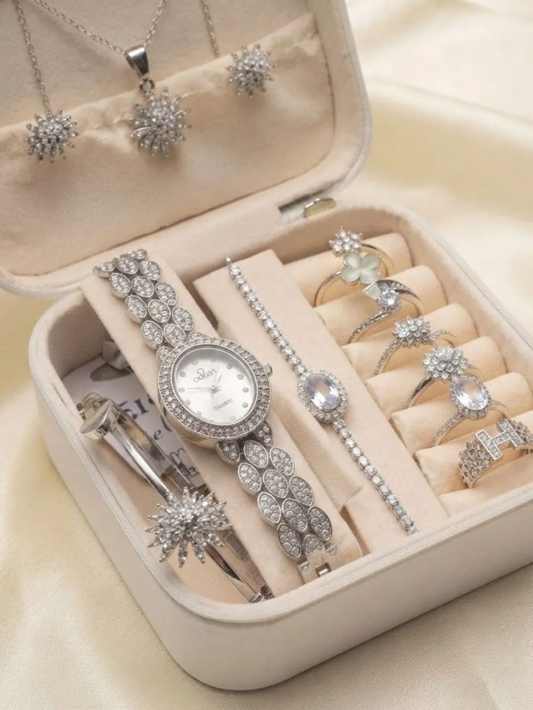 White Velvet Travel Jewelry Box and Silver Crystal Set
