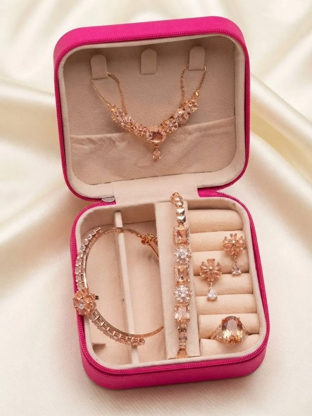 Pink Velvet Travel Jewelry Box and Rose Gold Crystal Set - Image 2