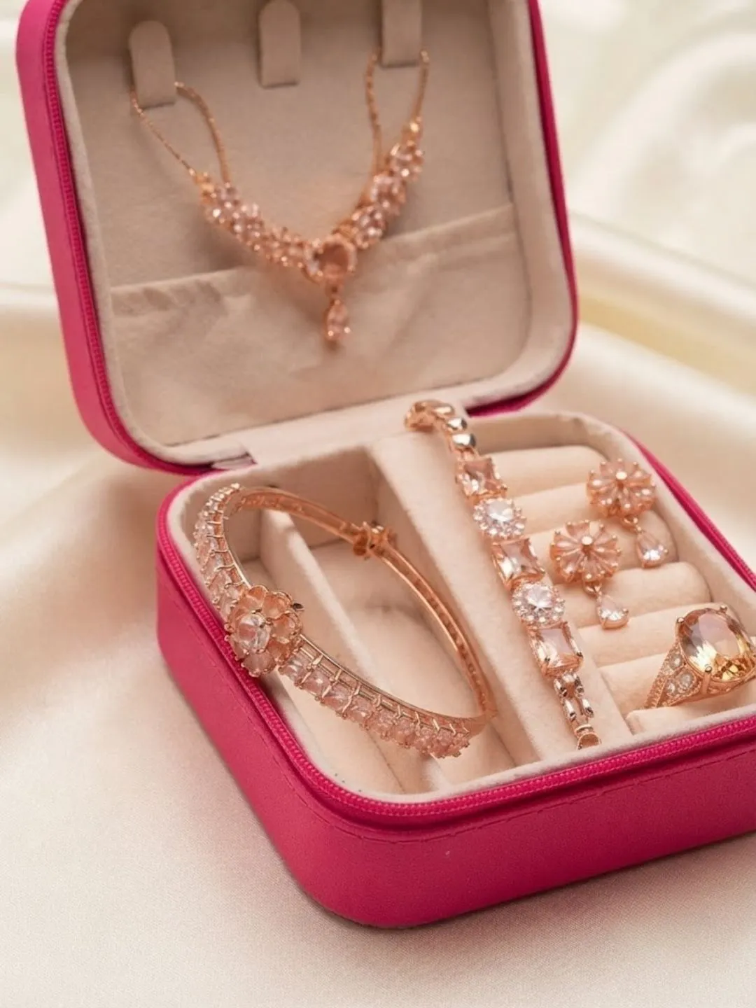 Pink Velvet Travel Jewelry Box and Rose Gold Crystal Set
