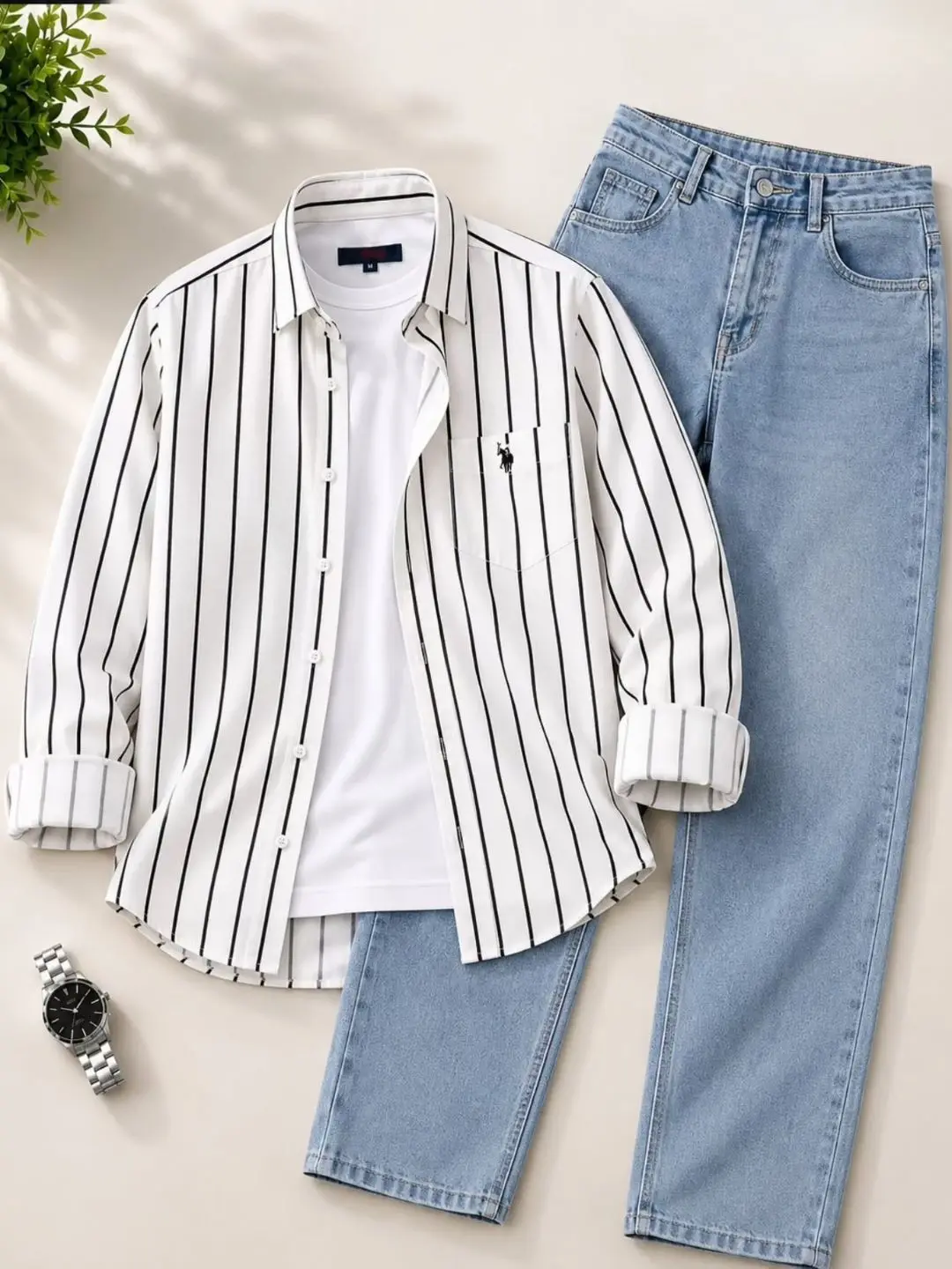 Street-Style Grey Striped Shirt, Tee & Acid-Wash Denim Jogger Set - Image 4