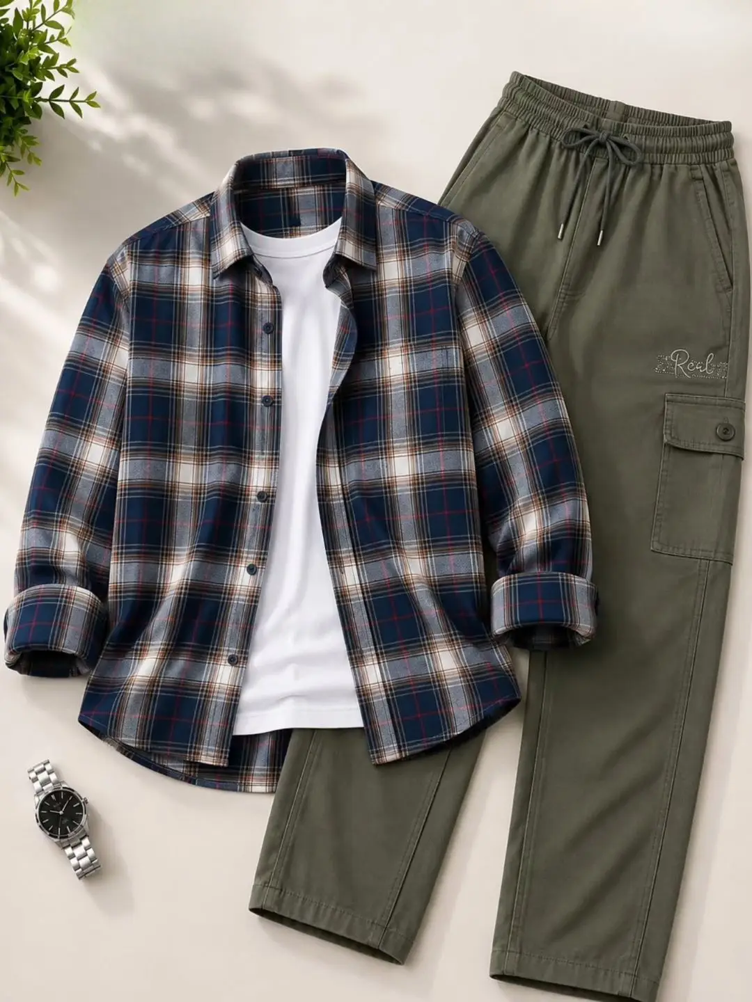 Street-Style Grey Striped Shirt, Tee & Acid-Wash Denim Jogger Set - Image 3