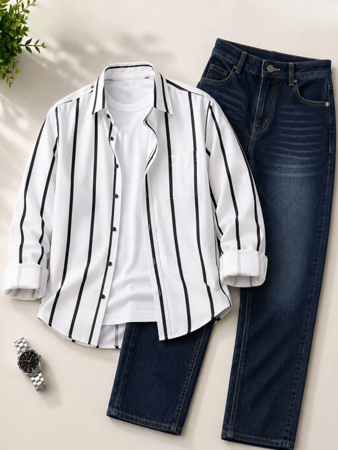 Street-Style Grey Striped Shirt, Tee & Acid-Wash Denim Jogger Set - Image 2