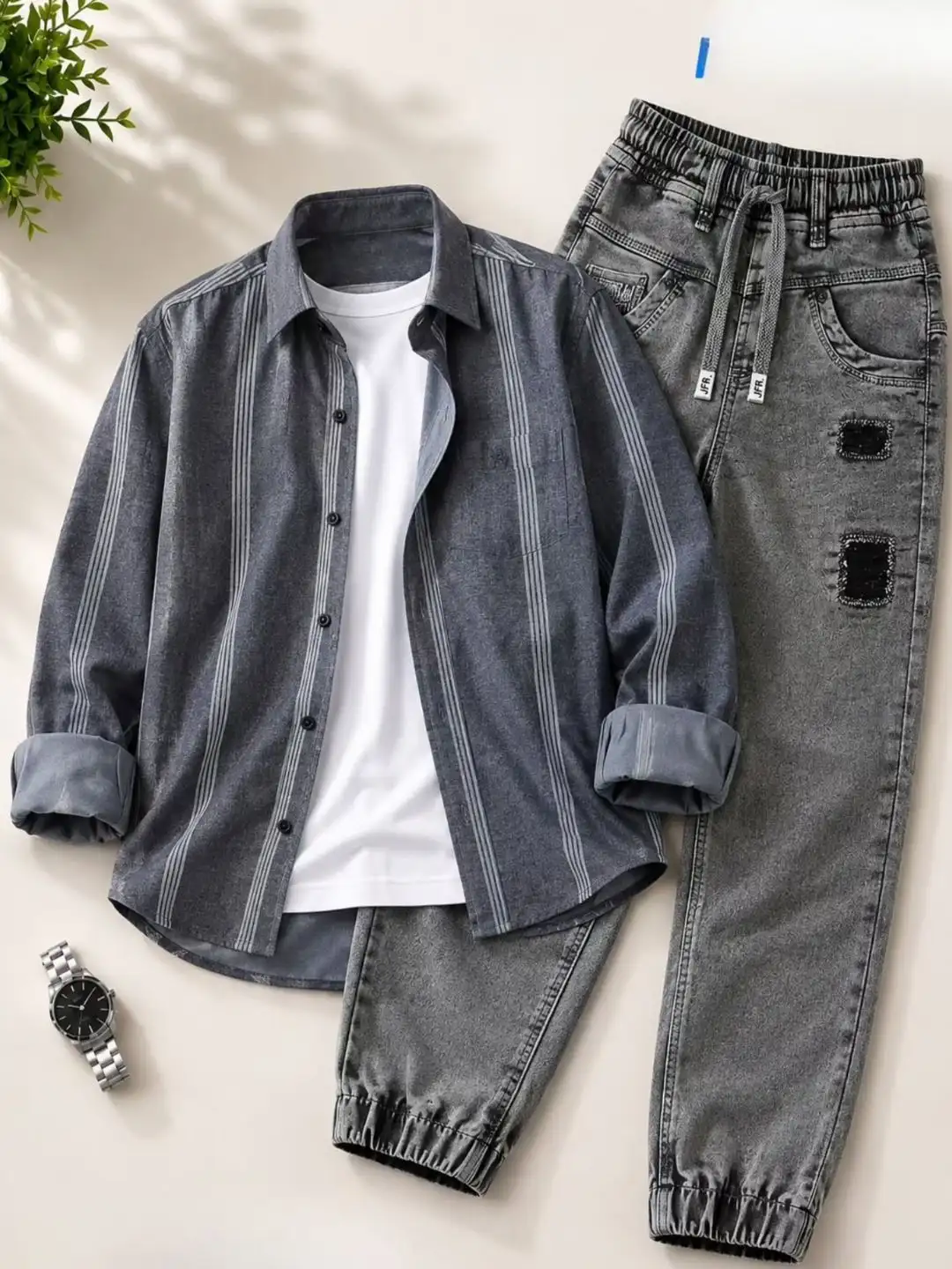 Street-Style Grey Striped Shirt, Tee & Acid-Wash Denim Jogger Set
