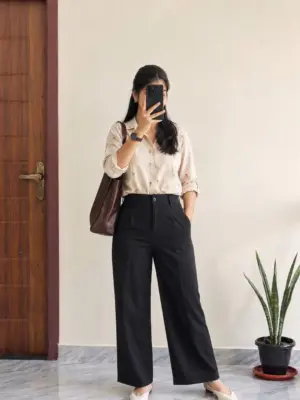 Floral Embroidered Beige Shirt & Black Wide-Leg Trouser Set