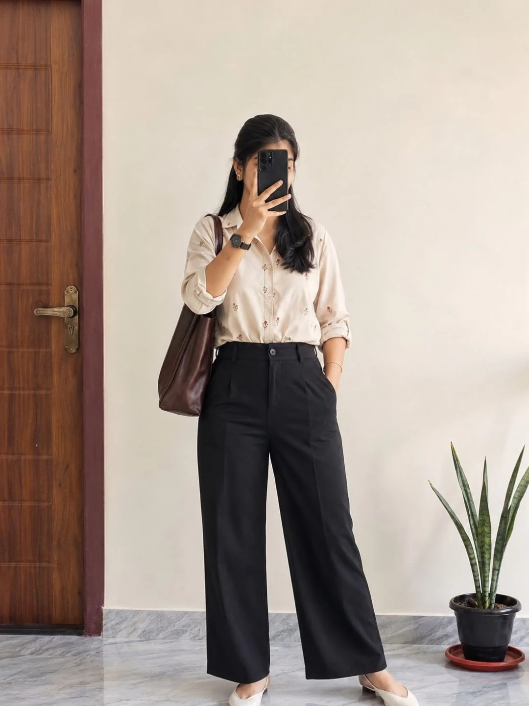 Floral Embroidered Beige Shirt & Black Wide-Leg Trouser Set