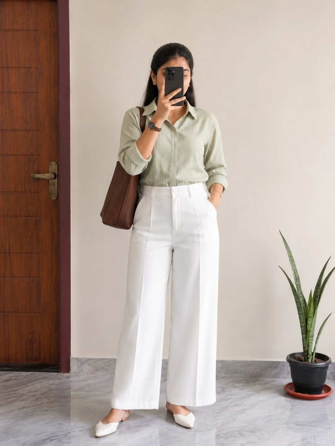 Floral Embroidered Beige Shirt & Black Wide-Leg Trouser Set - Image 2