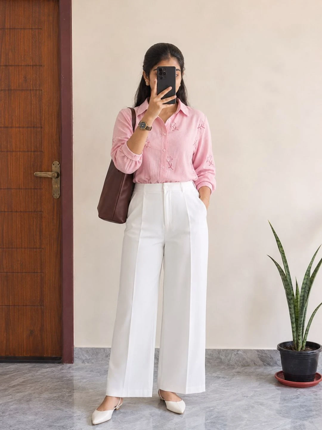 Floral Embroidered Beige Shirt & Black Wide-Leg Trouser Set - Image 3