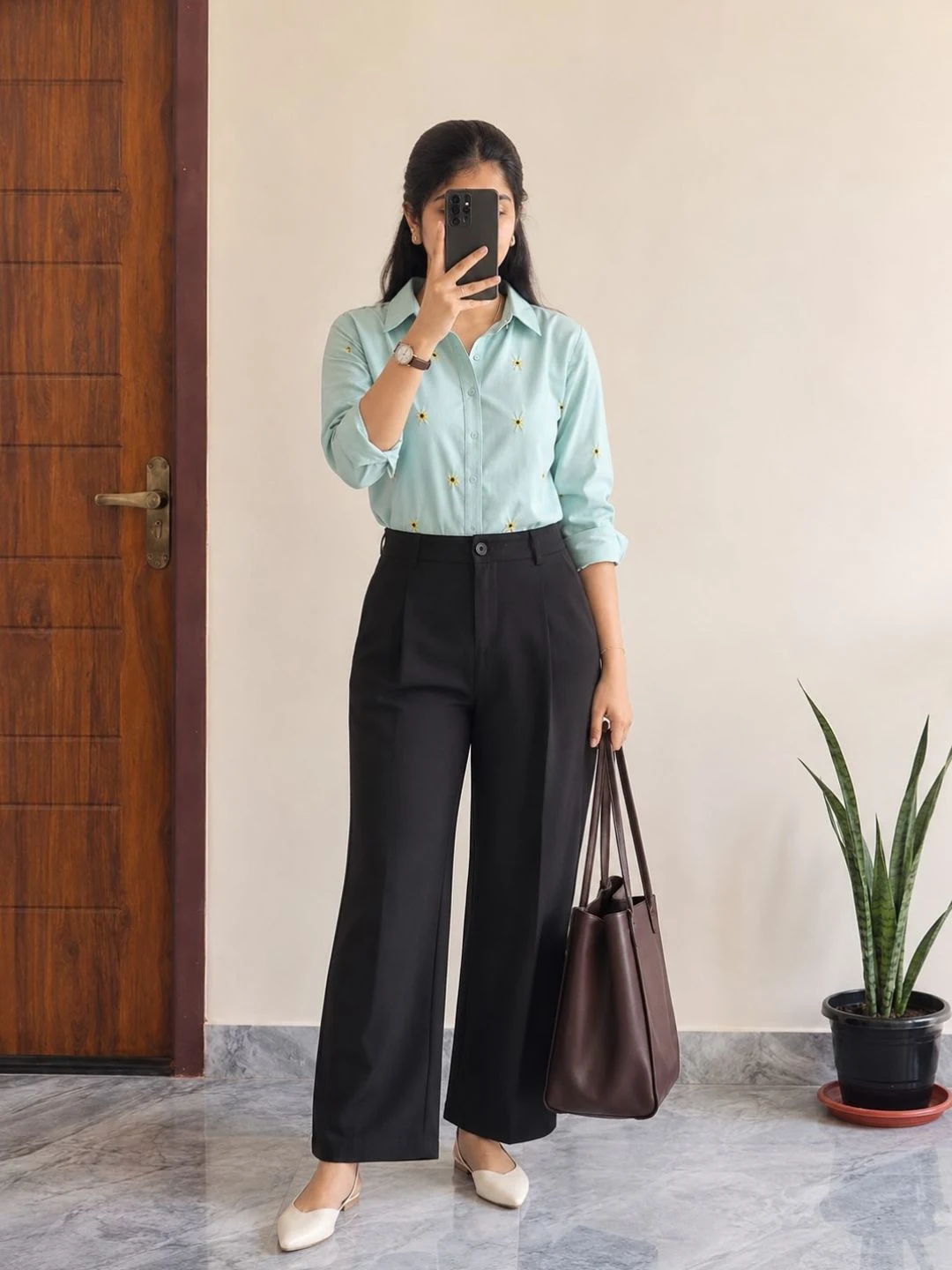Floral Embroidered Beige Shirt & Black Wide-Leg Trouser Set - Image 4