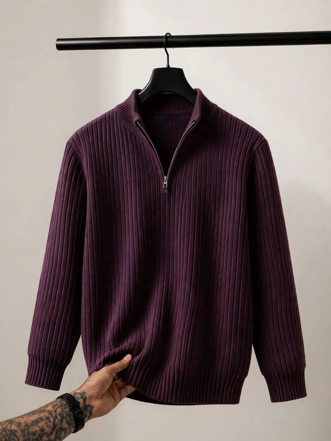 Classic Maroon Quarter-Zip Cable-Knit Pullover - Image 4