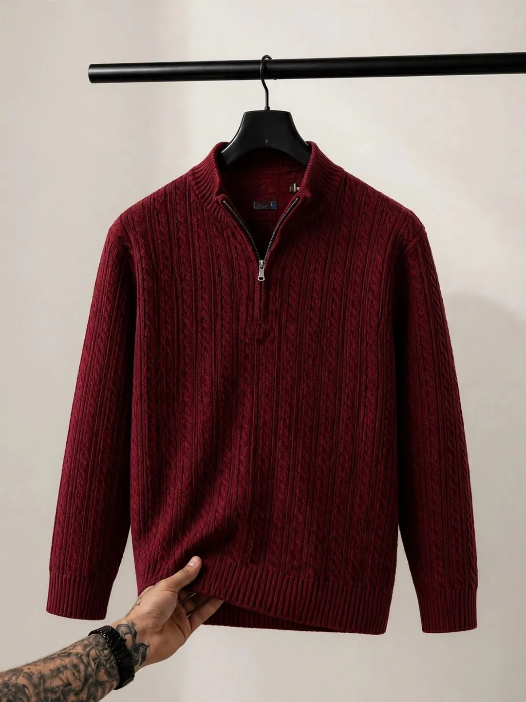 Classic Maroon Quarter-Zip Cable-Knit Pullover
