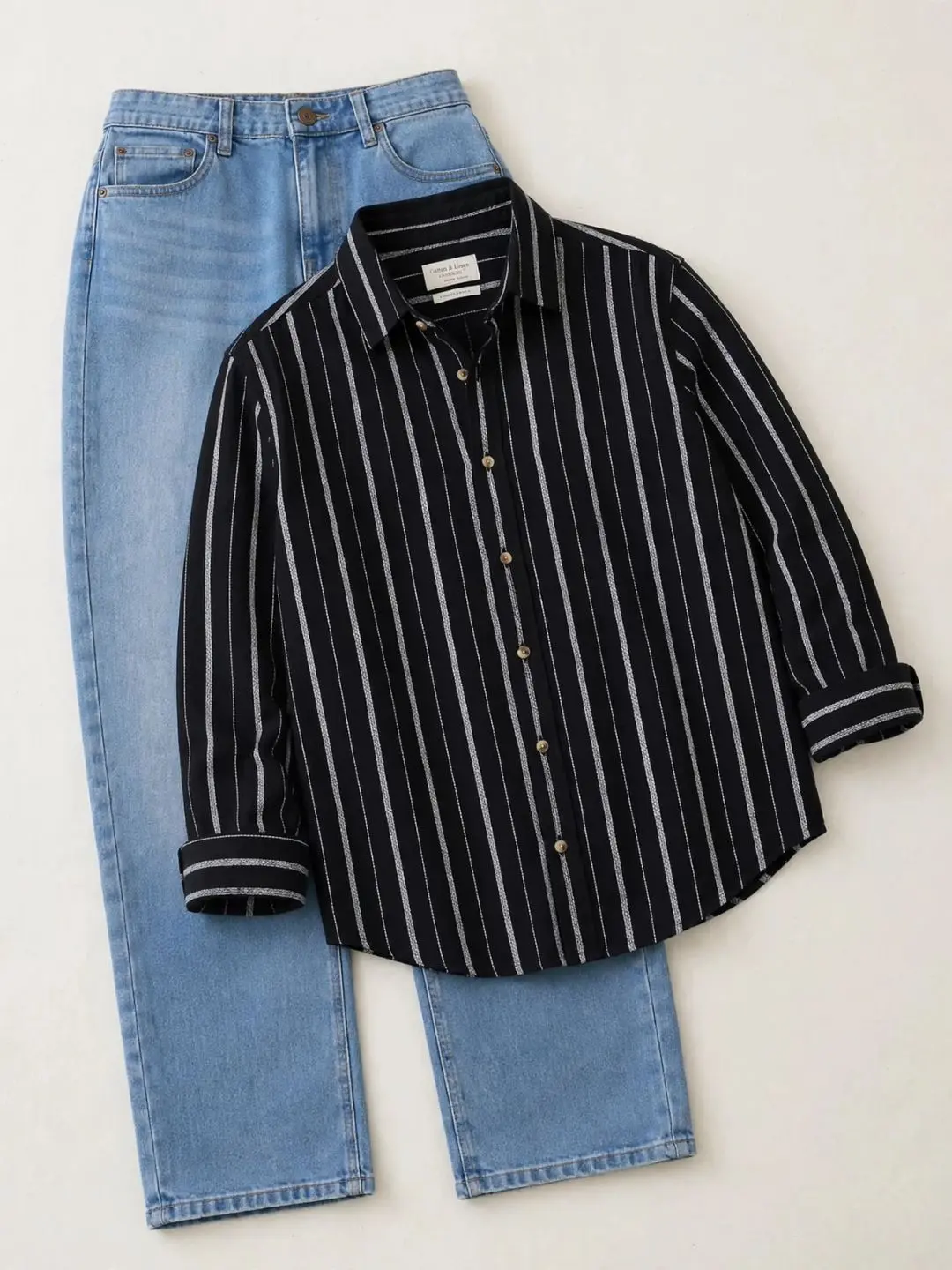 Beige Striped Button-Down Shirt & Blue Denim Jeans Duo - Image 3