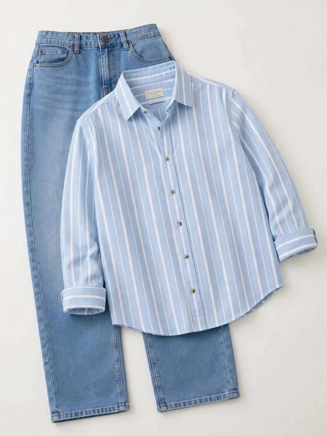 Beige Striped Button-Down Shirt & Blue Denim Jeans Duo - Image 4