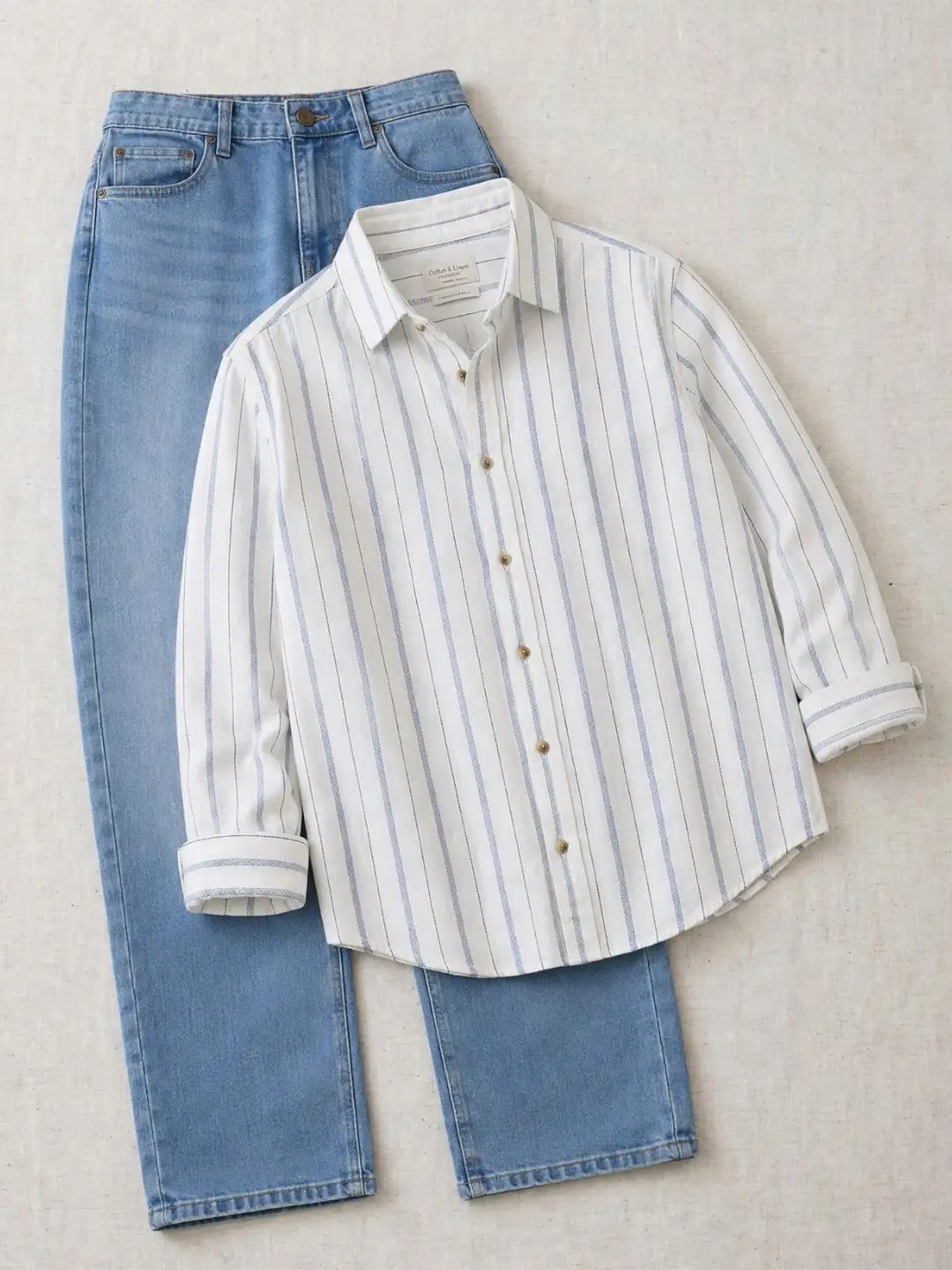 Beige Striped Button-Down Shirt & Blue Denim Jeans Duo - Image 2